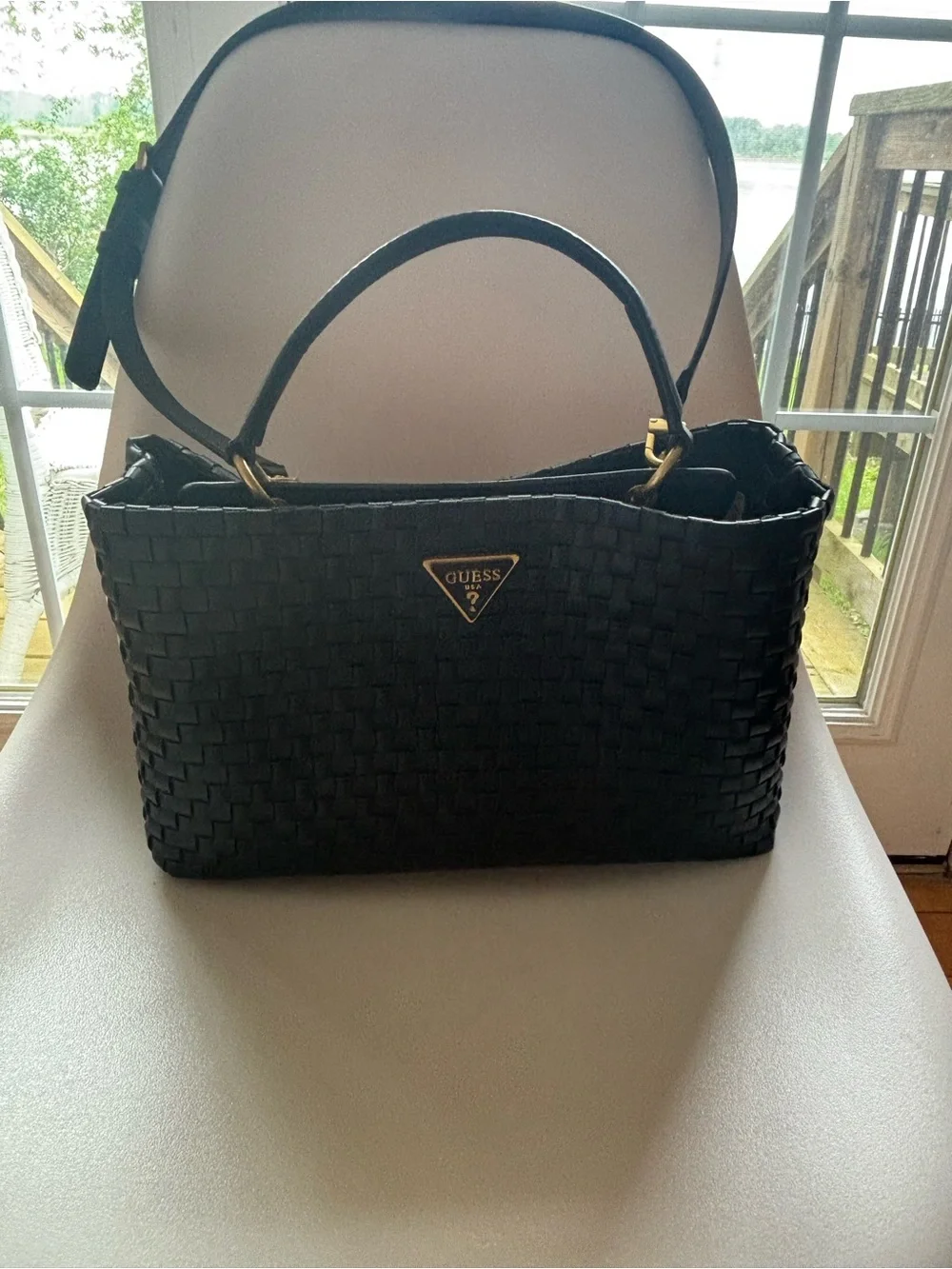 GUESS Black Woven Shoulder Tote with Gold Logo - Picture 1 of 5
